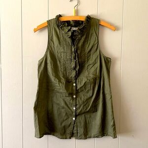 Old Navy Army Green Ruffle-Collard Button-Down Blouse 100% Cotton EUC Size XS
